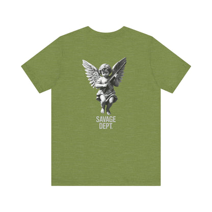 Heavenly Firepower Tee Angel With Rifle Shirt, Tactical Streetwear for Fallen Saints & Operators - Savage Operators Tactical Tee | T-Shirt | Savage Operators Clothing | Patriotic Apparel | Military Humor | High Quality Heather Green