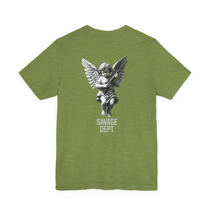 Heavenly Firepower Tee Angel With Rifle Shirt, Tactical Streetwear for Fallen Saints & Operators - Savage Operators Tactical Tee | T-Shirt | Savage Operators Clothing | Patriotic Apparel | Military Humor | High Quality Heather Green
