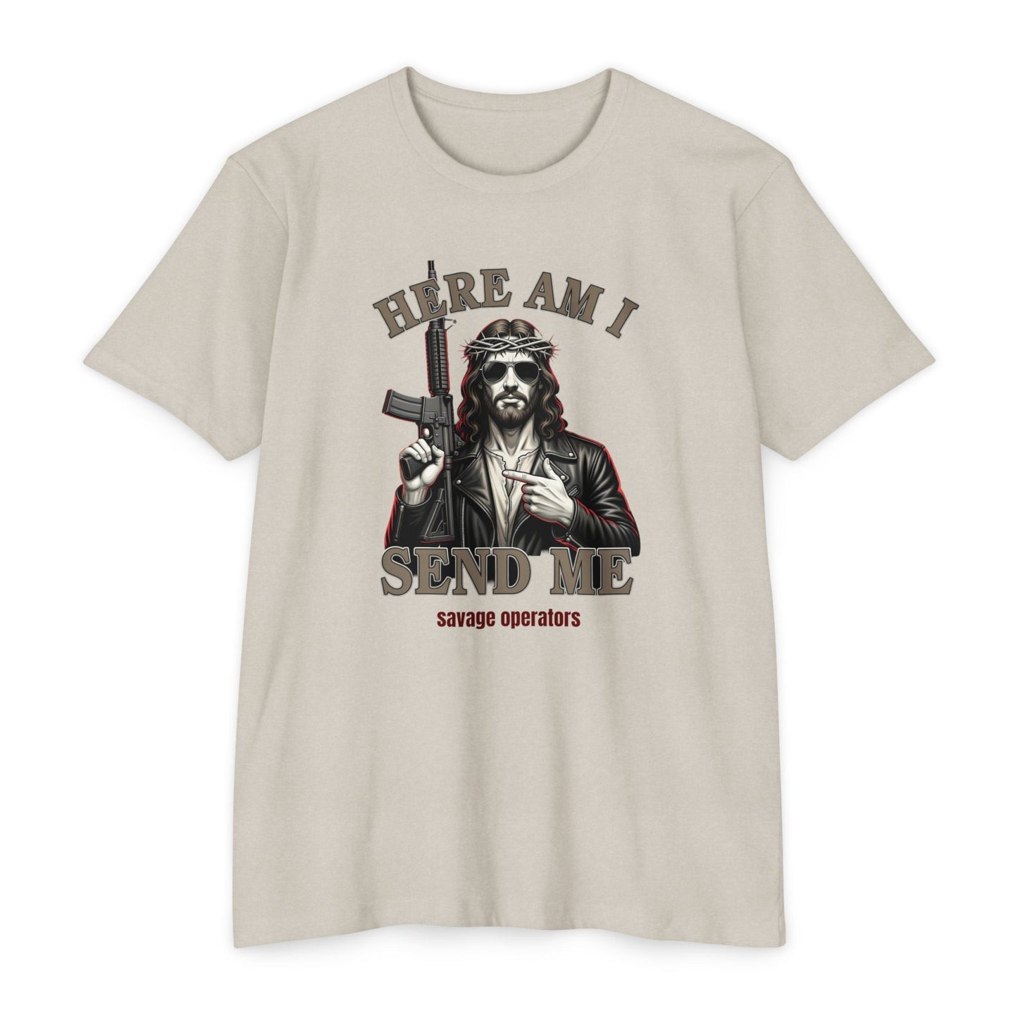 Here Am I Send Me Shirt – Patriotic Tactical Graphic Tee - Savage Operators Tactical Tee | T-Shirt | Savage Operators Clothing | Patriotic Apparel | Military Humor | High Quality CVC Sand