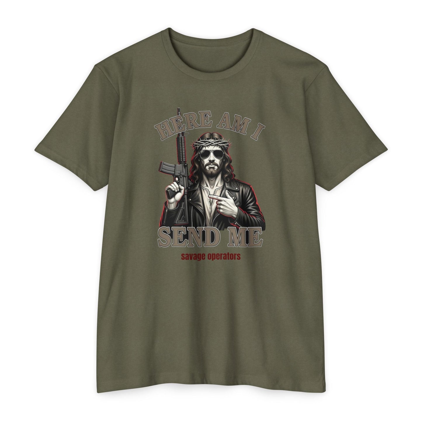 Here Am I Send Me Shirt – Patriotic Tactical Graphic Tee - Savage Operators Tactical Tee | T-Shirt | Savage Operators Clothing | Patriotic Apparel | Military Humor | High Quality CVC Military Green