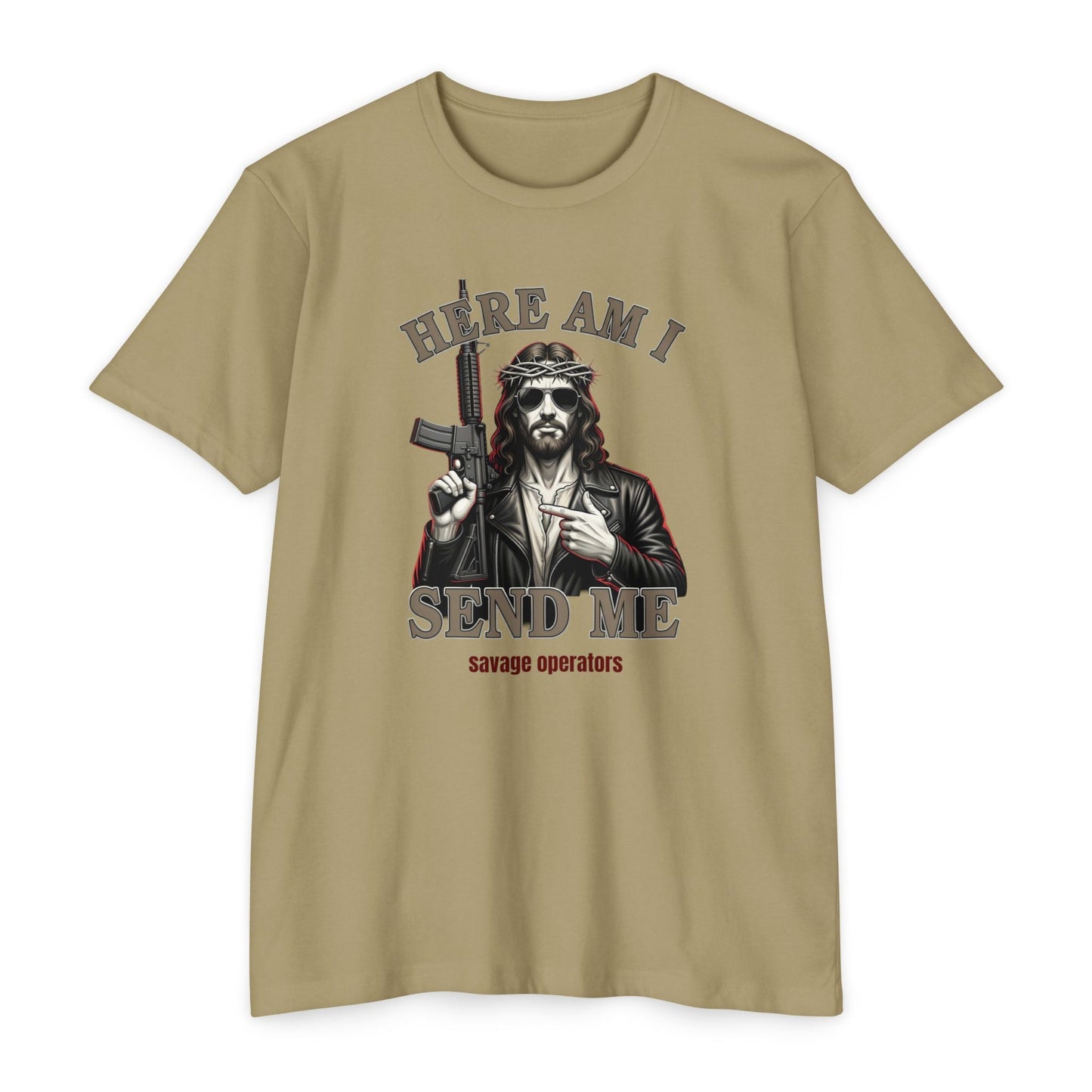 Here Am I Send Me Shirt – Patriotic Tactical Graphic Tee - Savage Operators Tactical Tee | T-Shirt | Savage Operators Clothing | Patriotic Apparel | Military Humor | High Quality CVC Light Olive