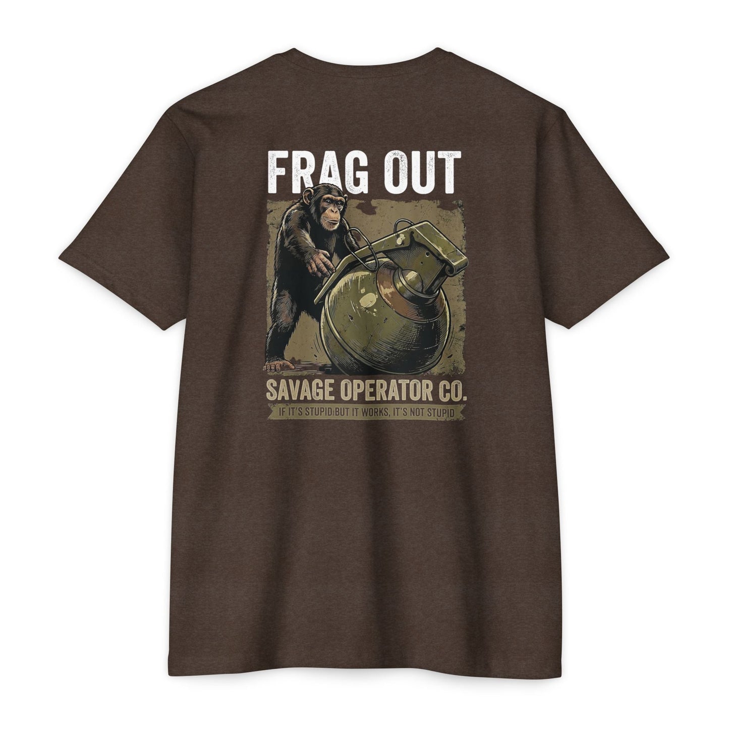 Hey Monkey Catch v2 Savage Operator Graphic T-Shirt - Back Print - Savage Operators Tactical Tee | T-Shirt | Savage Operators Clothing | Patriotic Apparel | Military Humor | High Quality Dark Heather Grey