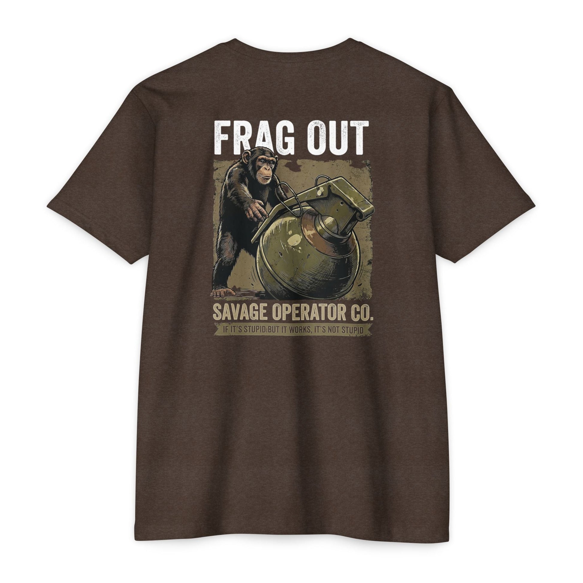 Hey Monkey Catch v2 Savage Operator Graphic T-Shirt - Back Print - Savage Operators Tactical Tee | T-Shirt | Savage Operators Clothing | Patriotic Apparel | Military Humor | High Quality Dark Heather Grey