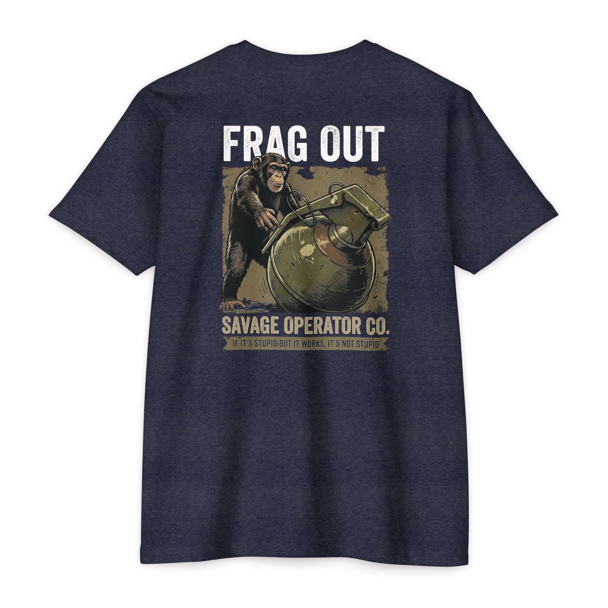 Hey Monkey Catch v2 Savage Operator Graphic T-Shirt - Back Print - Savage Operators Tactical Tee | T-Shirt | Savage Operators Clothing | Patriotic Apparel | Military Humor | High Quality Dark Heather Grey