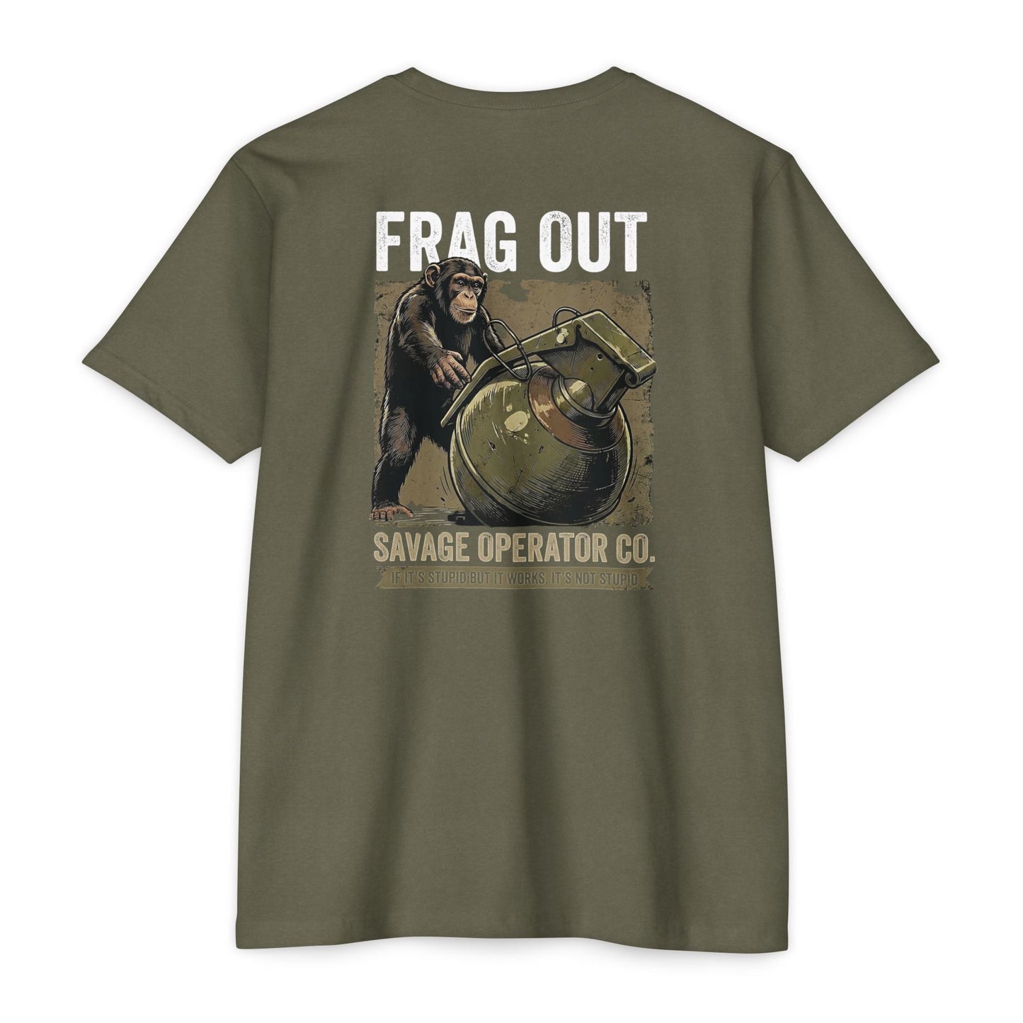 Hey Monkey Catch v2 Savage Operator Graphic T-Shirt - Back Print - Savage Operators Tactical Tee | T-Shirt | Savage Operators Clothing | Patriotic Apparel | Military Humor | High Quality CVC Military Green