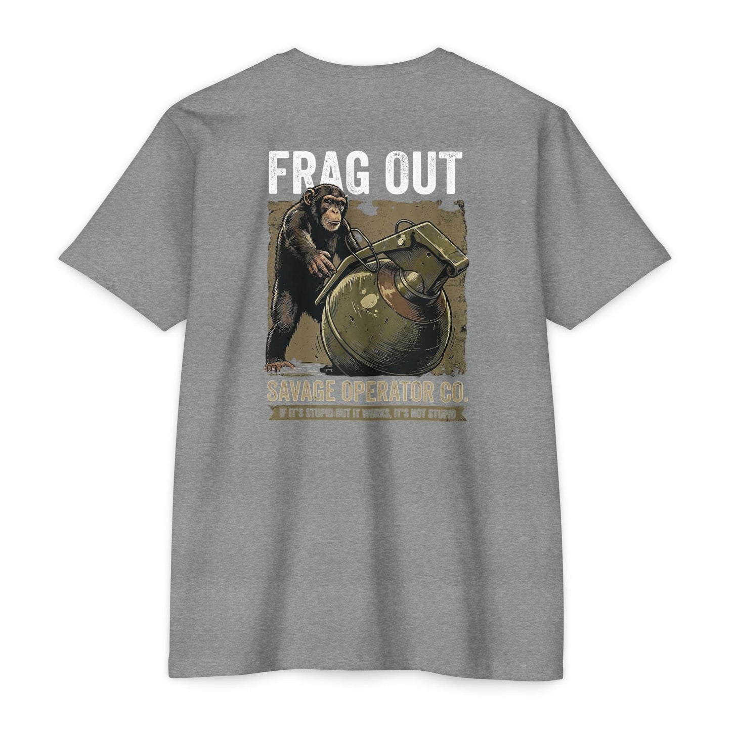 Hey Monkey Catch v2 Savage Operator Graphic T-Shirt - Back Print - Savage Operators Tactical Tee | T-Shirt | Savage Operators Clothing | Patriotic Apparel | Military Humor | High Quality Dark Heather Grey
