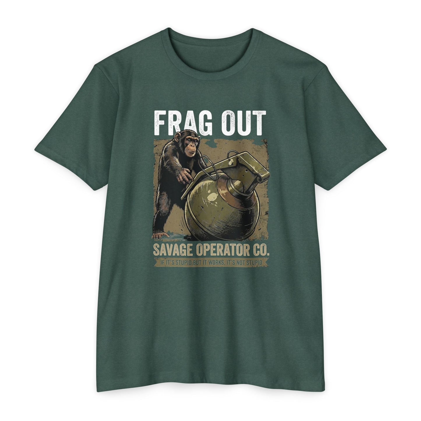 Hey Monkey Catch v2 Vintage Military Humor Graphic T-Shirt - Front Print - Savage Operators Tactical Tee | T-Shirt | Savage Operators Clothing | Patriotic Apparel | Military Humor | High Quality Heather Forest Green
