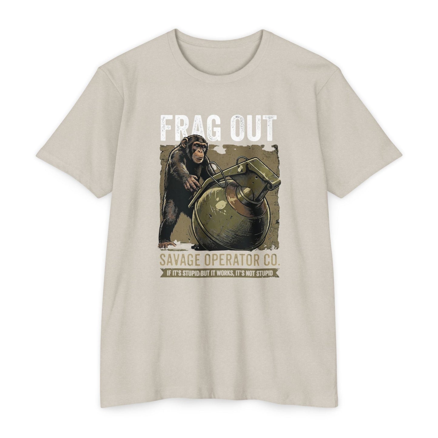 Hey Monkey Catch v2 Vintage Military Humor Graphic T-Shirt - Front Print - Savage Operators Tactical Tee | T-Shirt | Savage Operators Clothing | Patriotic Apparel | Military Humor | High Quality CVC Sand