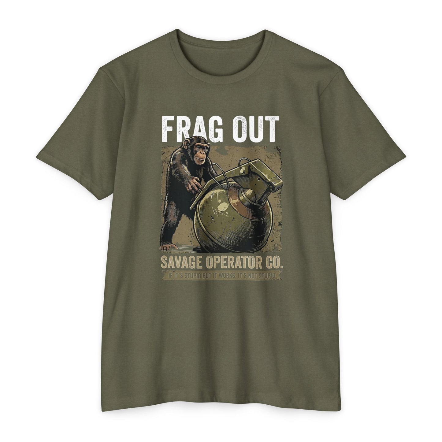 Hey Monkey Catch v2 Vintage Military Humor Graphic T-Shirt - Front Print - Savage Operators Tactical Tee | T-Shirt | Savage Operators Clothing | Patriotic Apparel | Military Humor | High Quality CVC Military Green