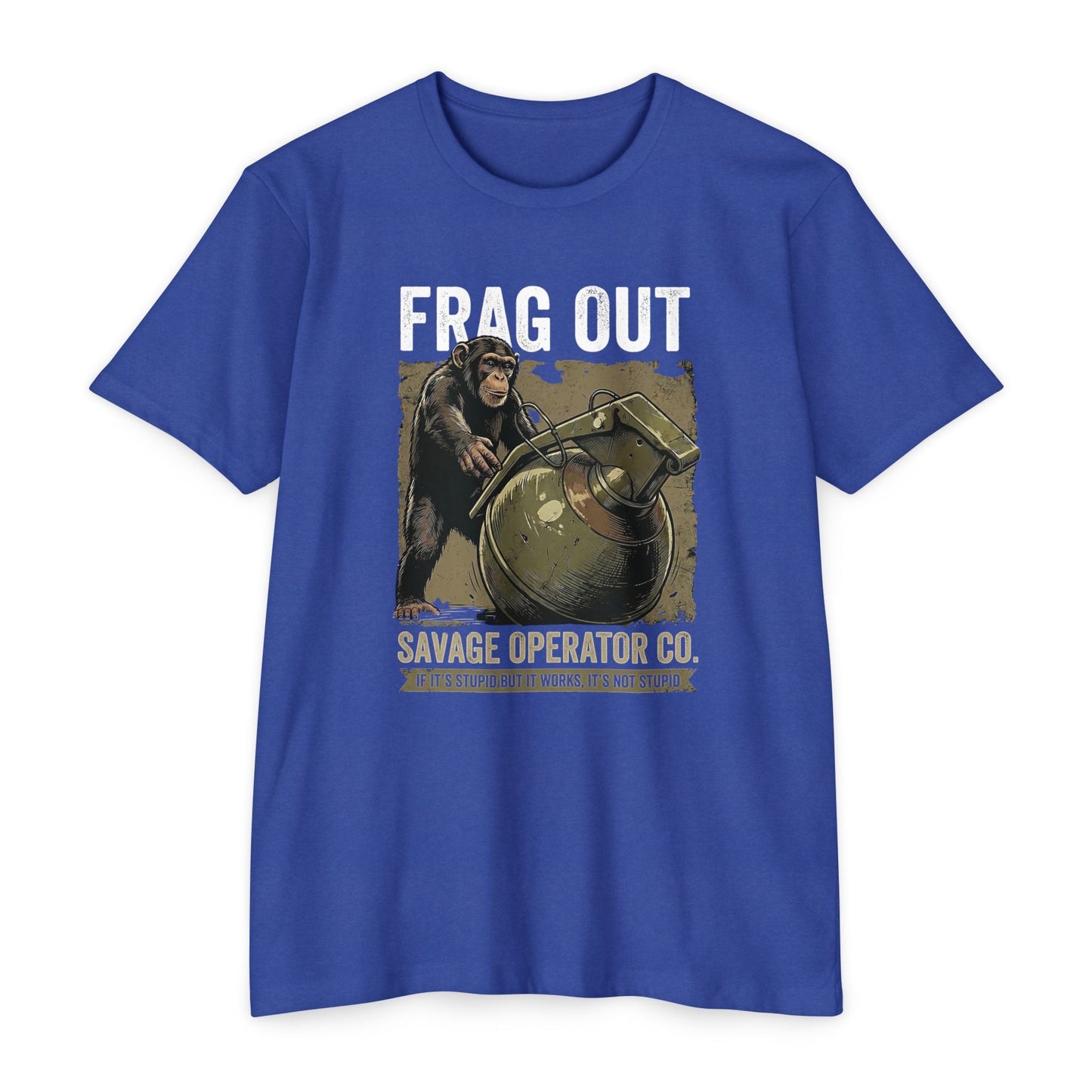 Hey Monkey Catch v2 Vintage Military Humor Graphic T-Shirt - Front Print - Savage Operators Tactical Tee | T-Shirt | Savage Operators Clothing | Patriotic Apparel | Military Humor | High Quality CVC Royal