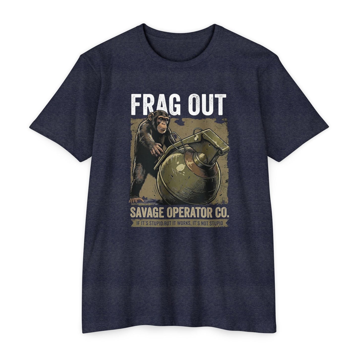 Hey Monkey Catch v2 Vintage Military Humor Graphic T-Shirt - Front Print - Savage Operators Tactical Tee | T-Shirt | Savage Operators Clothing | Patriotic Apparel | Military Humor | High Quality CVC Midnight Navy