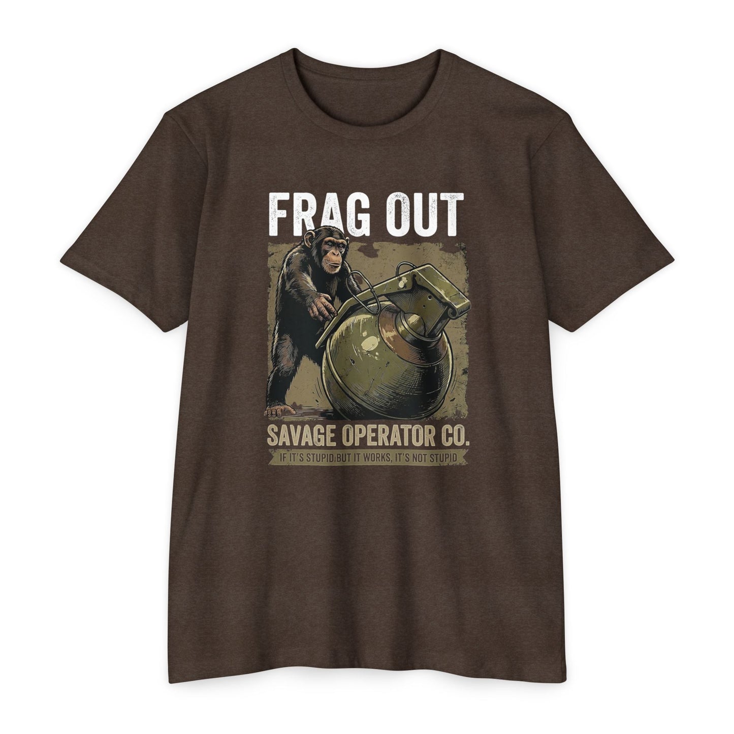 Hey Monkey Catch v2 Vintage Military Humor Graphic T-Shirt - Front Print - Savage Operators Tactical Tee | T-Shirt | Savage Operators Clothing | Patriotic Apparel | Military Humor | High Quality CVC Espresso