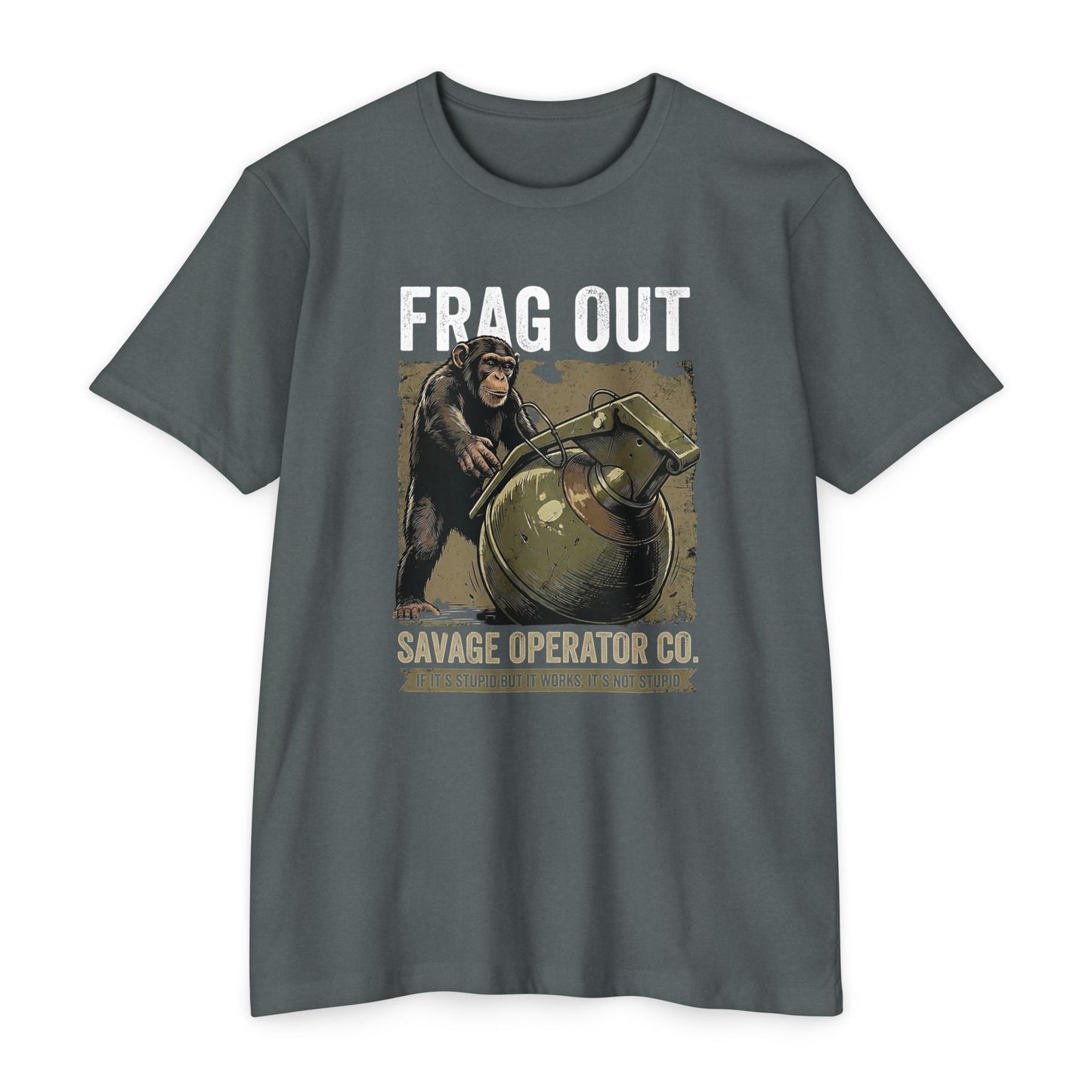Hey Monkey Catch v2 Vintage Military Humor Graphic T-Shirt - Front Print - Savage Operators Tactical Tee | T-Shirt | Savage Operators Clothing | Patriotic Apparel | Military Humor | High Quality Heather Heavy Metal