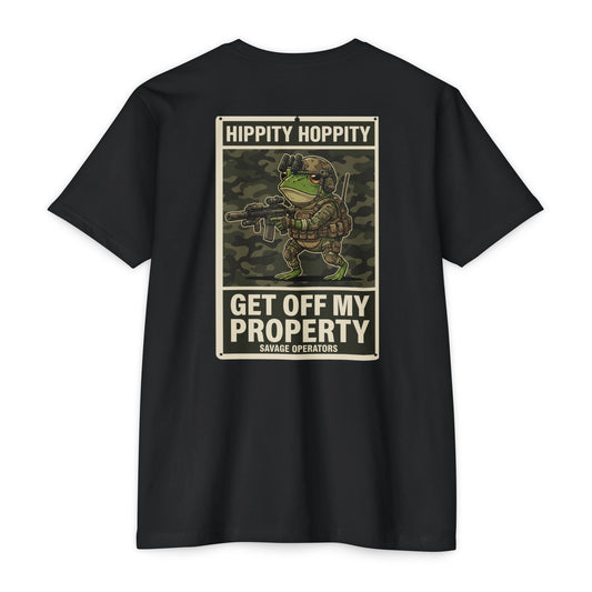 Hippity Hoppity Tactical Frog T-Shirt — “Get Off My Property” Military Humor Tee BACK PRINT - Savage Operators Tactical Tee | T-Shirt | Savage Operators Clothing | Patriotic Apparel | Military Humor | High Quality CVC Black