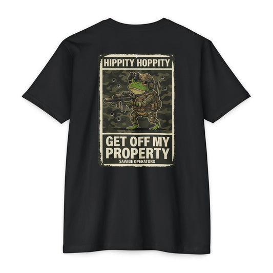 Hippity Hoppity Tactical Frog T-Shirt — “Get Off My Property” Military Humor Tee BACK PRINT - Savage Operators Tactical Tee | T-Shirt | Savage Operators Clothing | Patriotic Apparel | Military Humor | High Quality CVC Black