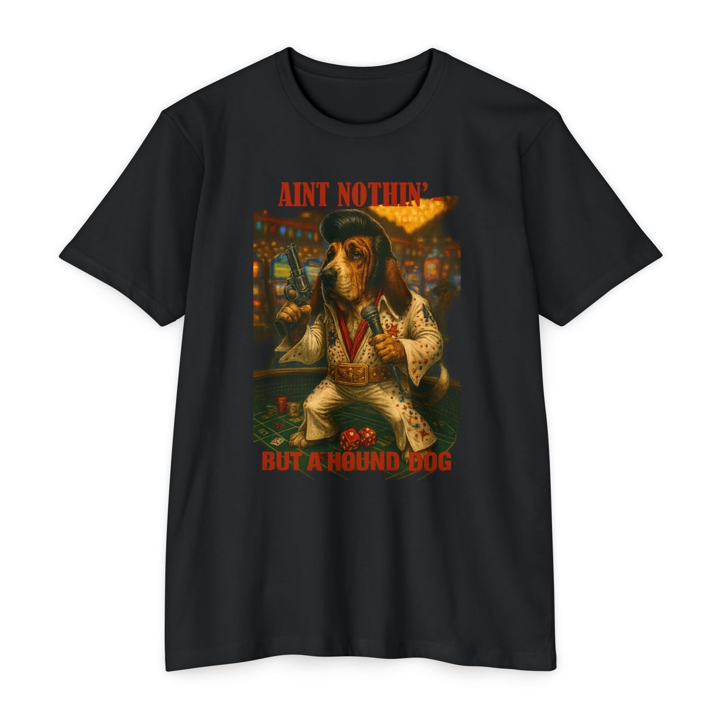 Hound Dog Elvis Parody T-Shirt – Funny Dog Shirt, Basset Hound - FRONT PRINT - Savage Operators Tactical Tee | T-Shirt | Savage Operators Clothing | Patriotic Apparel | Military Humor | High Quality CVC Black