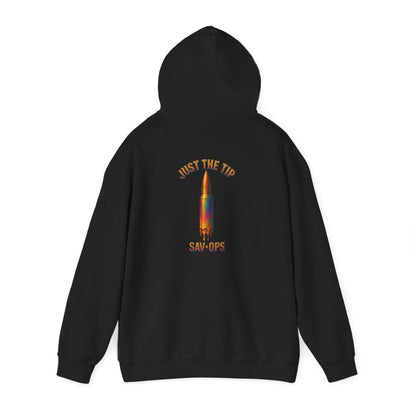 Just a Tip Colorful Bullet Graphic Back Hoodie Casual Pullover SavOps - Savage Operators Tactical Tee | Hoodie | Savage Operators Clothing | Patriotic Apparel | Military Humor | High Quality S