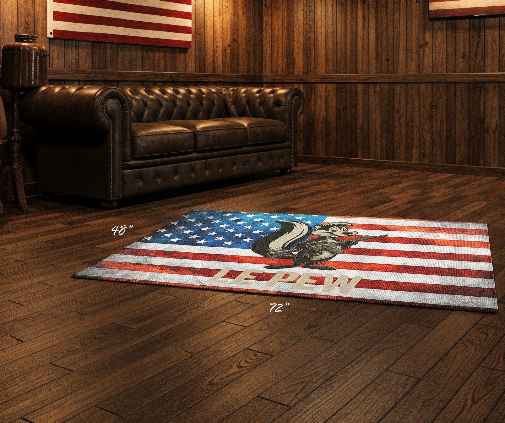 Le Pew American Flag Skunk indoor Area Rug — Patriotic 2a Carpet - Savage Operators Tactical Tee | Home Decor | Savage Operators Clothing | Patriotic Apparel | Military Humor | High Quality 72" × 48"