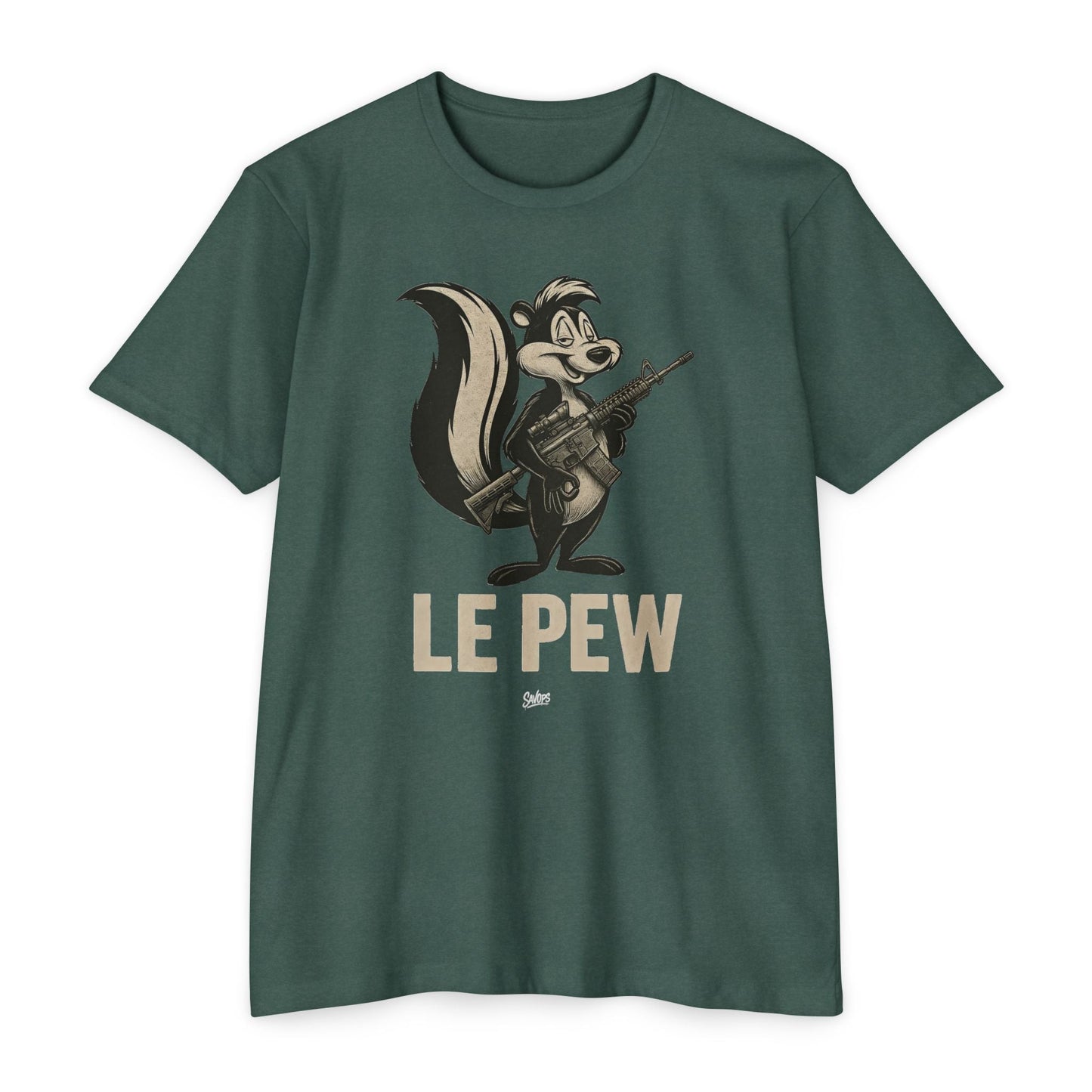 Le Pew Retro Military Skunk T-Shirt — Dark Humor 2a Tactical Tee - Savage Operators Tactical Tee | T-Shirt | Savage Operators Clothing | Patriotic Apparel | Military Humor | High Quality Heather Forest Green