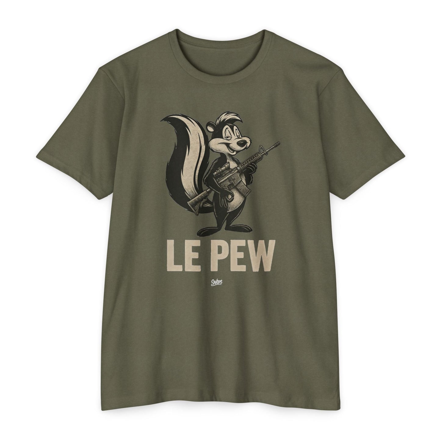 Le Pew Retro Military Skunk T-Shirt — Dark Humor 2a Tactical Tee - Savage Operators Tactical Tee | T-Shirt | Savage Operators Clothing | Patriotic Apparel | Military Humor | High Quality CVC Military Green