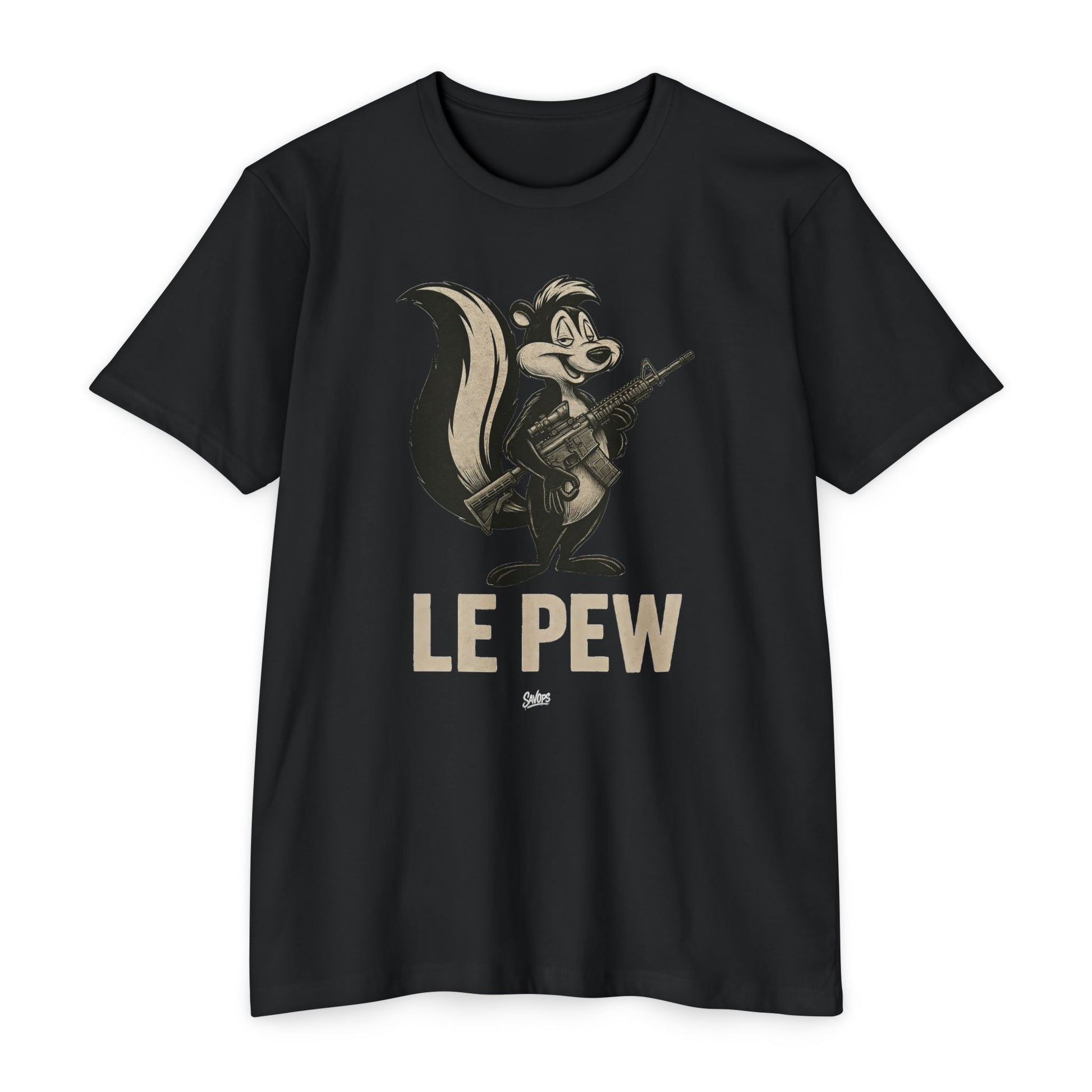 Le Pew Retro Military Skunk T-Shirt — Dark Humor 2a Tactical Tee - Savage Operators Tactical Tee | T-Shirt | Savage Operators Clothing | Patriotic Apparel | Military Humor | High Quality CVC Black