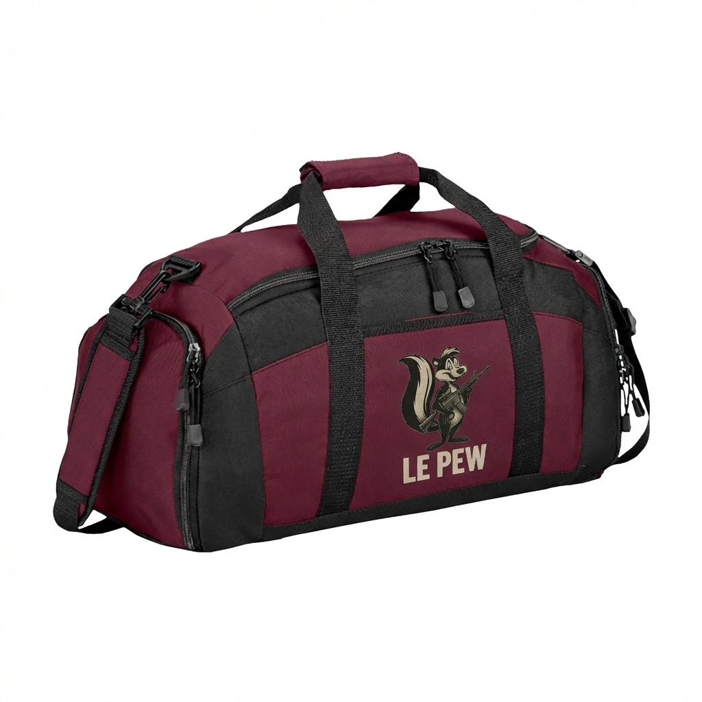 Le Pew skunk Gym Bag Range Bag — Funny Patriotic 2a Duffle for Workout & Travel - Savage Operators Tactical Tee | Bags | Savage Operators Clothing | Patriotic Apparel | Military Humor | High Quality Maroon