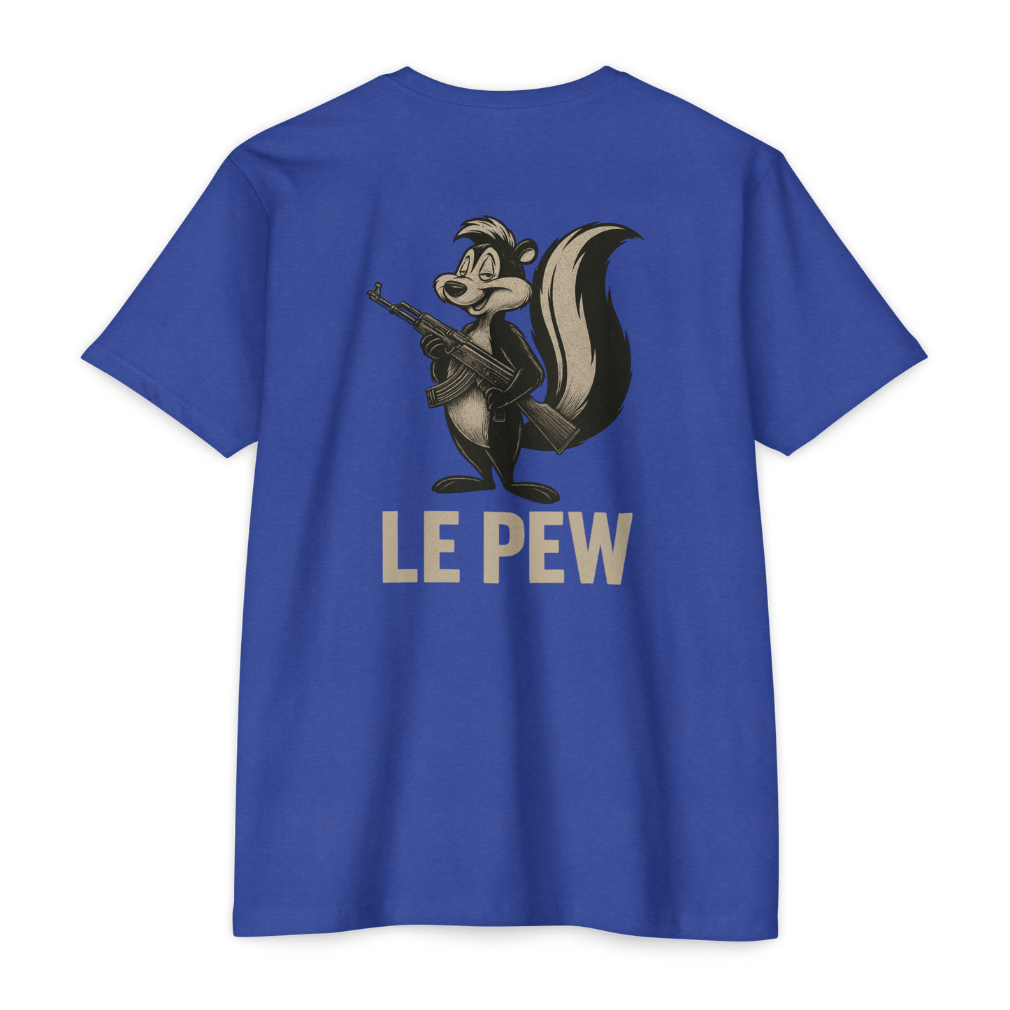 Le Pew Tee | Funny AK Skunk Shirt for Gun Owners & Degenerates with Dark Humor - BACK PRINT - Savage Operators Tactical Tee | T-Shirt | Savage Operators Clothing | Patriotic Apparel | Military Humor | High Quality CVC Royal