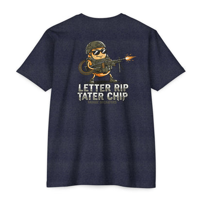 Let Er Rip Tater Chip Back Print Shirt – Funny Tactical Graphic Tee | Savage Operators Large Back Design | Military Humor Shirt - Savage Operators Tactical Tee | T-Shirt | Savage Operators Clothing | Patriotic Apparel | Military Humor | High Quality CVC Midnight Navy