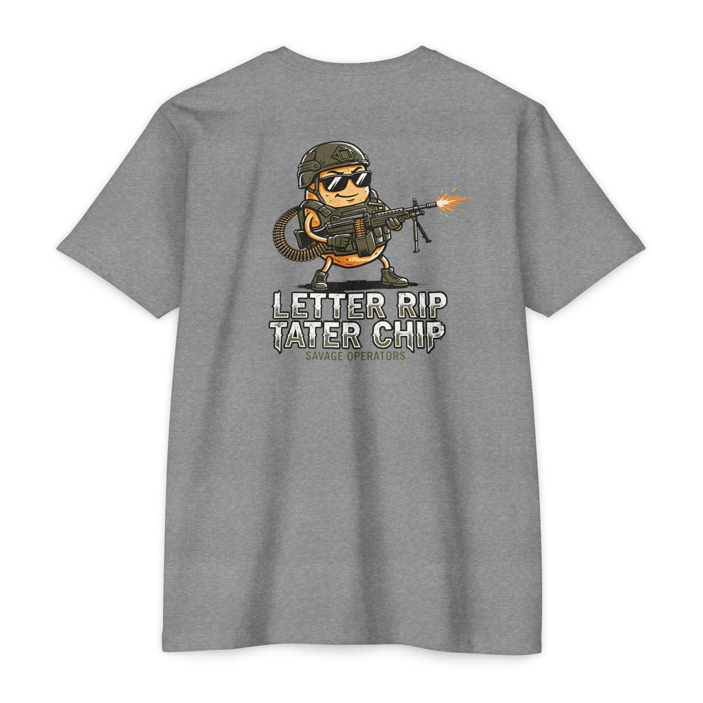 Let Er Rip Tater Chip Back Print Shirt – Funny Tactical Graphic Tee | Savage Operators Large Back Design | Military Humor Shirt - Savage Operators Tactical Tee | T-Shirt | Savage Operators Clothing | Patriotic Apparel | Military Humor | High Quality Dark Heather Grey