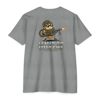Let Er Rip Tater Chip Back Print Shirt – Funny Tactical Graphic Tee | Savage Operators Large Back Design | Military Humor Shirt - Savage Operators Tactical Tee | T-Shirt | Savage Operators Clothing | Patriotic Apparel | Military Humor | High Quality Dark Heather Grey