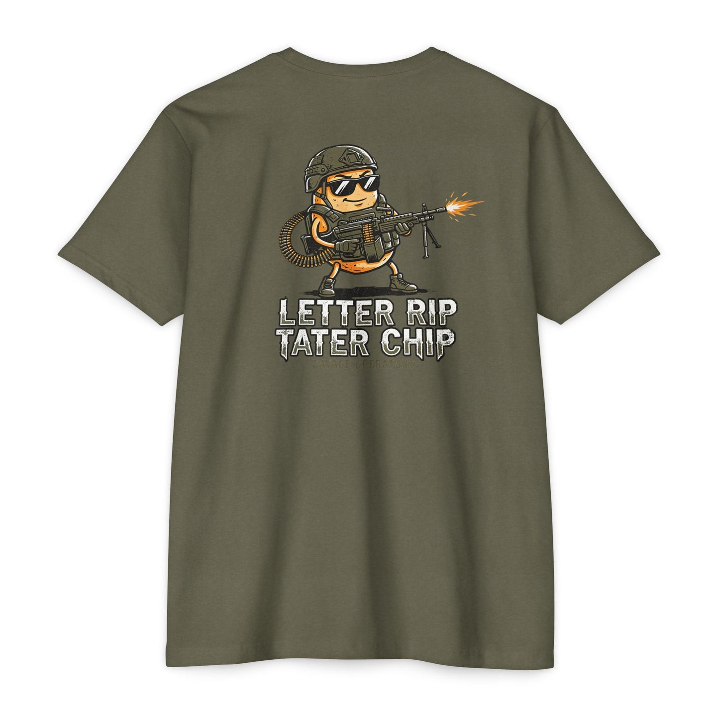 Let Er Rip Tater Chip Back Print Shirt – Funny Tactical Graphic Tee | Savage Operators Large Back Design | Military Humor Shirt - Savage Operators Tactical Tee | T-Shirt | Savage Operators Clothing | Patriotic Apparel | Military Humor | High Quality CVC Military Green