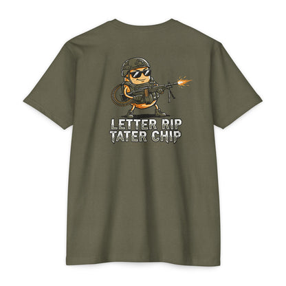 Let Er Rip Tater Chip Back Print Shirt – Funny Tactical Graphic Tee | Savage Operators Large Back Design | Military Humor Shirt - Savage Operators Tactical Tee | T-Shirt | Savage Operators Clothing | Patriotic Apparel | Military Humor | High Quality CVC Military Green