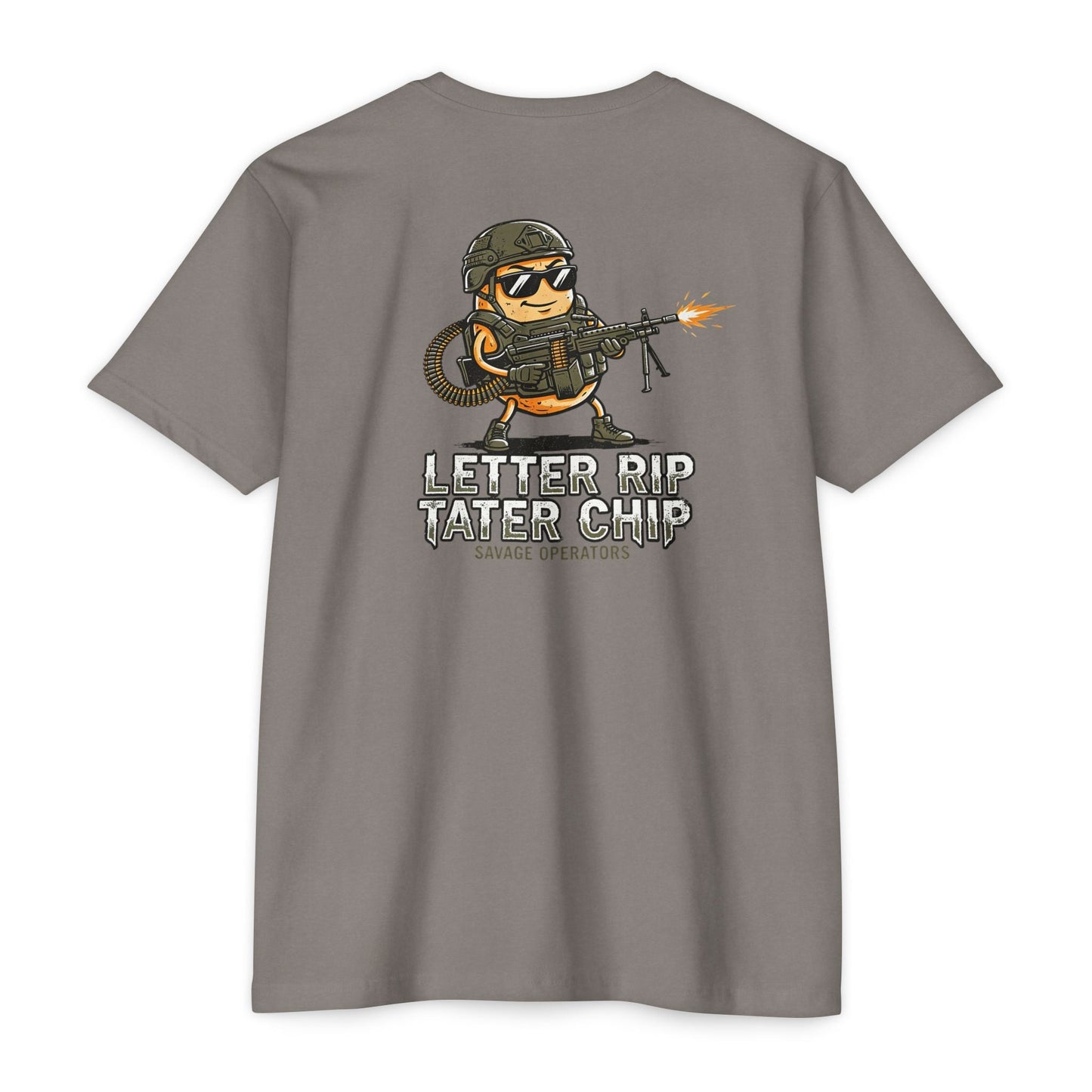 Let Er Rip Tater Chip Back Print Shirt – Funny Tactical Graphic Tee | Savage Operators Large Back Design | Military Humor Shirt - Savage Operators Tactical Tee | T-Shirt | Savage Operators Clothing | Patriotic Apparel | Military Humor | High Quality CVC Stone Gray