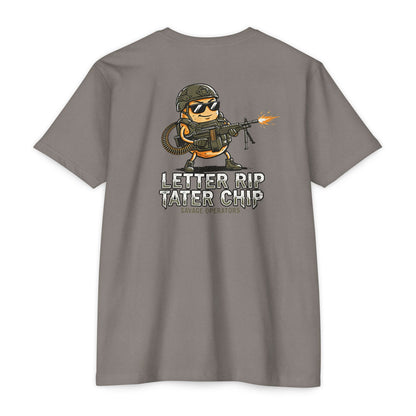 Let Er Rip Tater Chip Back Print Shirt – Funny Tactical Graphic Tee | Savage Operators Large Back Design | Military Humor Shirt - Savage Operators Tactical Tee | T-Shirt | Savage Operators Clothing | Patriotic Apparel | Military Humor | High Quality CVC Stone Gray