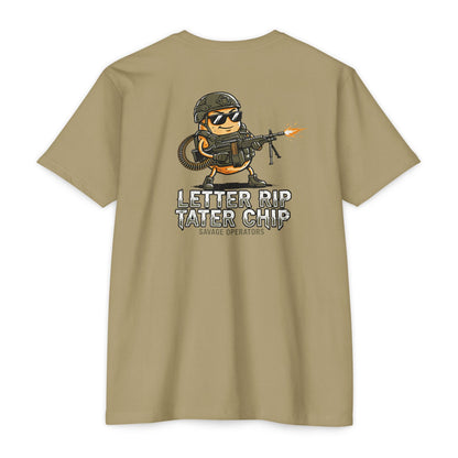 Let Er Rip Tater Chip Back Print Shirt – Funny Tactical Graphic Tee | Savage Operators Large Back Design | Military Humor Shirt - Savage Operators Tactical Tee | T-Shirt | Savage Operators Clothing | Patriotic Apparel | Military Humor | High Quality CVC Light Olive