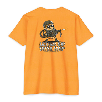 Let Er Rip Tater Chip Back Print Shirt – Funny Tactical Graphic Tee | Savage Operators Large Back Design | Military Humor Shirt - Savage Operators Tactical Tee | T-Shirt | Savage Operators Clothing | Patriotic Apparel | Military Humor | High Quality CVC Orange