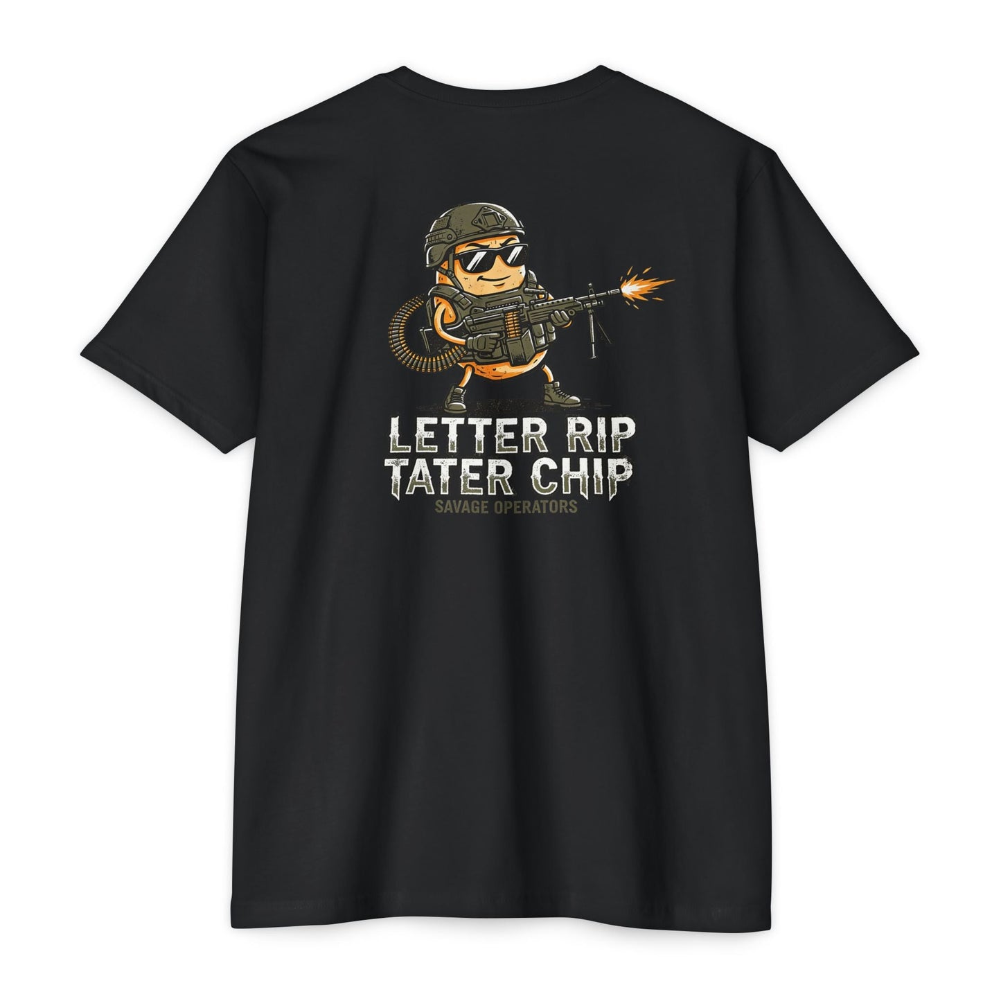 Let Er Rip Tater Chip Back Print Shirt – Funny Tactical Graphic Tee | Savage Operators Large Back Design | Military Humor Shirt - Savage Operators Tactical Tee | T-Shirt | Savage Operators Clothing | Patriotic Apparel | Military Humor | High Quality CVC Black