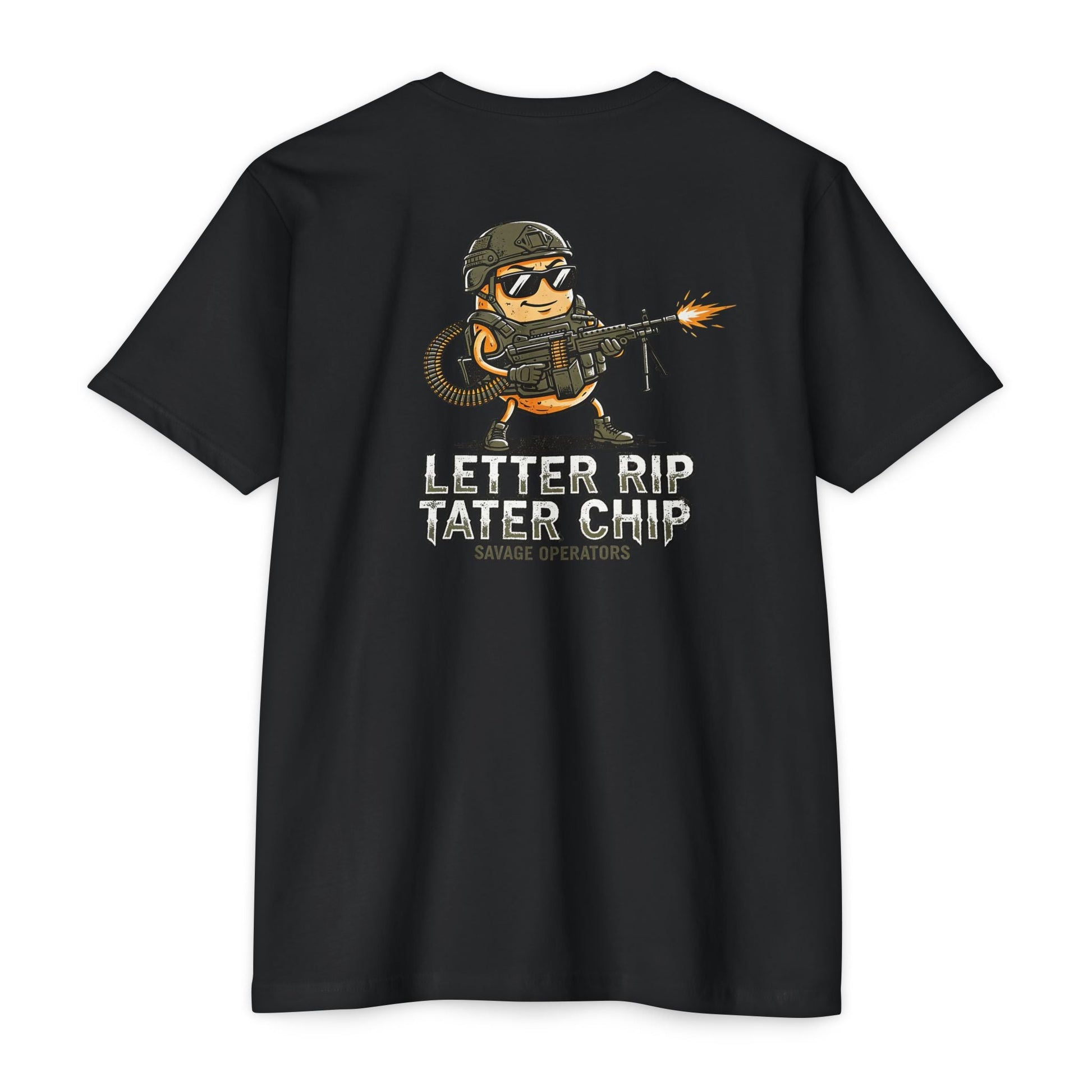 Let Er Rip Tater Chip Back Print Shirt – Funny Tactical Graphic Tee | Savage Operators Large Back Design | Military Humor Shirt - Savage Operators Tactical Tee | T-Shirt | Savage Operators Clothing | Patriotic Apparel | Military Humor | High Quality CVC Black