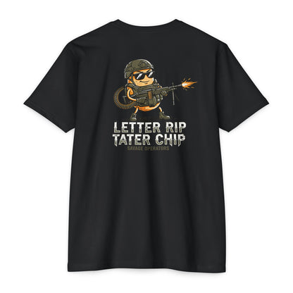 Let Er Rip Tater Chip Back Print Shirt – Funny Tactical Graphic Tee | Savage Operators Large Back Design | Military Humor Shirt - Savage Operators Tactical Tee | T-Shirt | Savage Operators Clothing | Patriotic Apparel | Military Humor | High Quality CVC Black
