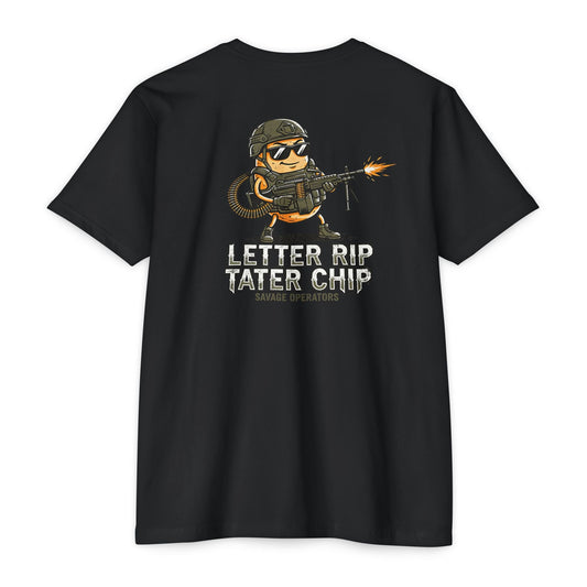Let Er Rip Tater Chip Back Print Shirt – Funny Tactical Graphic Tee | Savage Operators Large Back Design | Military Humor Shirt - Savage Operators Tactical Tee | T-Shirt | Savage Operators Clothing | Patriotic Apparel | Military Humor | High Quality CVC Black