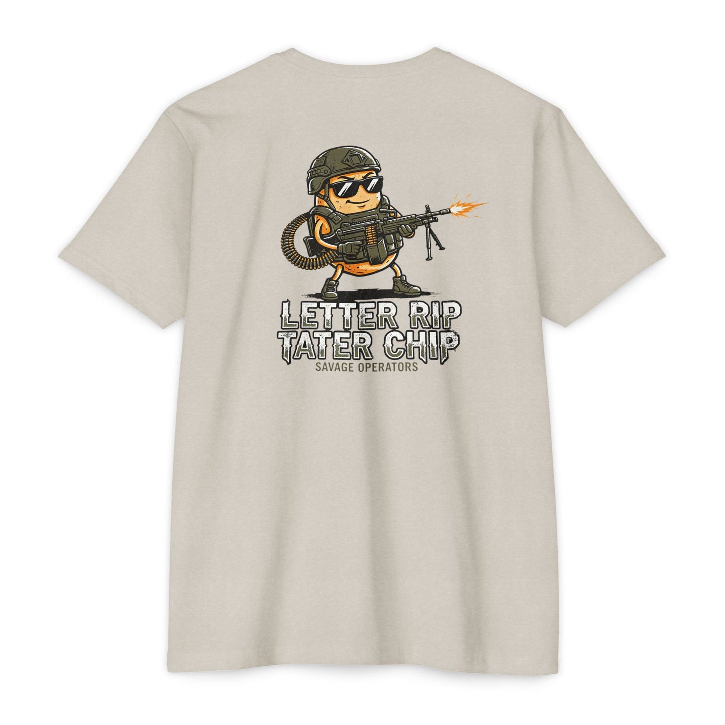 Let Er Rip Tater Chip Back Print Shirt – Funny Tactical Graphic Tee | Savage Operators Large Back Design | Military Humor Shirt - Savage Operators Tactical Tee | T-Shirt | Savage Operators Clothing | Patriotic Apparel | Military Humor | High Quality CVC Sand