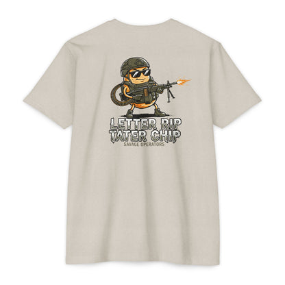Let Er Rip Tater Chip Back Print Shirt – Funny Tactical Graphic Tee | Savage Operators Large Back Design | Military Humor Shirt - Savage Operators Tactical Tee | T-Shirt | Savage Operators Clothing | Patriotic Apparel | Military Humor | High Quality CVC Sand