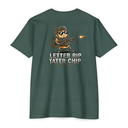 Let Er Rip Tater Chip Back Print Shirt – Funny Tactical Graphic Tee | Savage Operators Large Back Design | Military Humor Shirt - Savage Operators Tactical Tee | T-Shirt | Savage Operators Clothing | Patriotic Apparel | Military Humor | High Quality Heather Forest Green