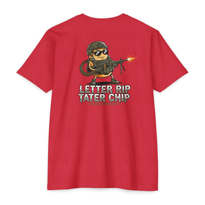 Let Er Rip Tater Chip Back Print Shirt – Funny Tactical Graphic Tee | Savage Operators Large Back Design | Military Humor Shirt - Savage Operators Tactical Tee | T-Shirt | Savage Operators Clothing | Patriotic Apparel | Military Humor | High Quality CVC Red