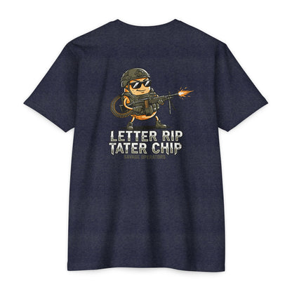 Letter Rip Tater Chip Graphic Tee - Tactical Potato Humor Shirt - Back Print - Savage Operators Tactical Tee | T-Shirt | Savage Operators Clothing | Patriotic Apparel | Military Humor | High Quality CVC Midnight Navy