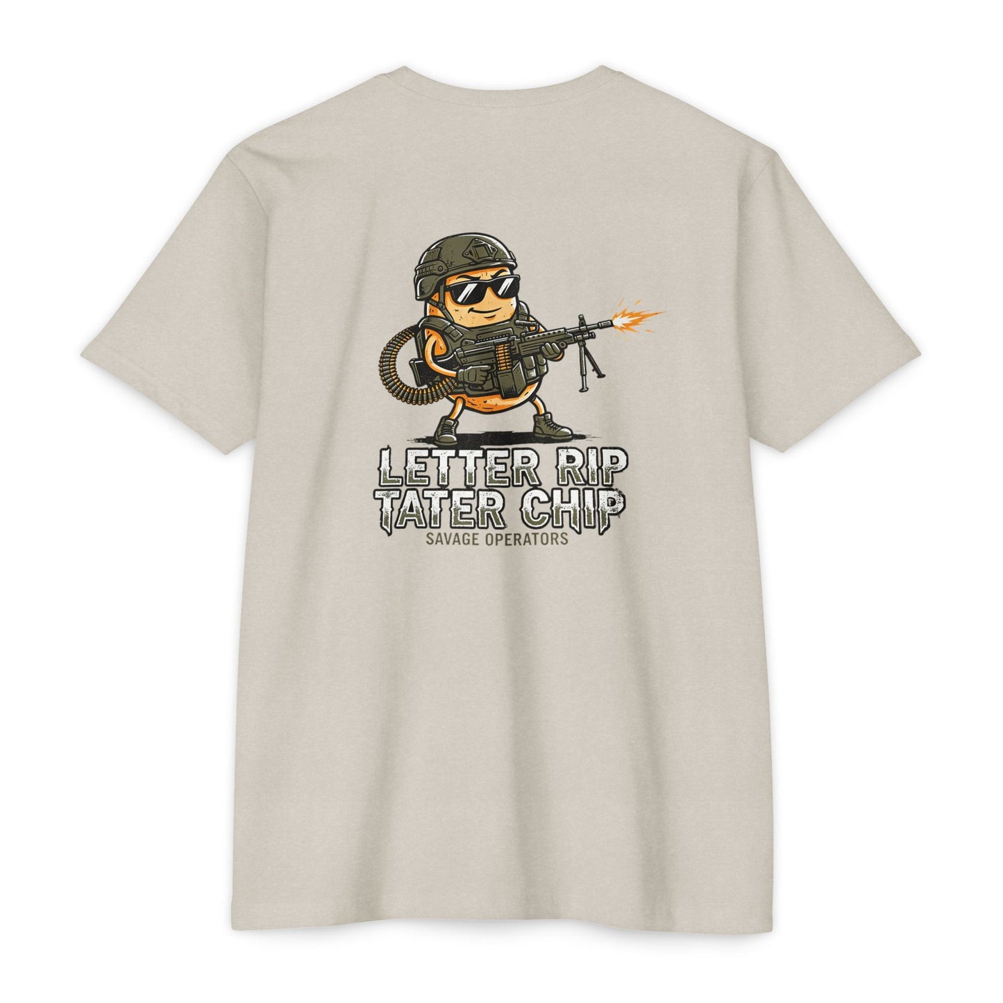 Letter Rip Tater Chip Graphic Tee - Tactical Potato Humor Shirt - Back Print - Savage Operators Tactical Tee | T-Shirt | Savage Operators Clothing | Patriotic Apparel | Military Humor | High Quality CVC Sand