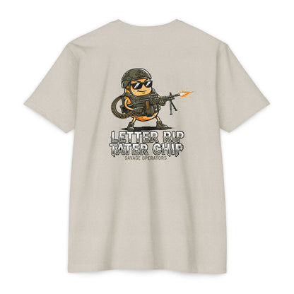 Letter Rip Tater Chip Graphic Tee - Tactical Potato Humor Shirt - Back Print - Savage Operators Tactical Tee | T-Shirt | Savage Operators Clothing | Patriotic Apparel | Military Humor | High Quality CVC Sand
