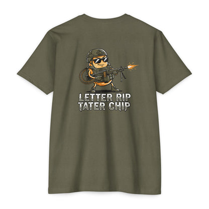Letter Rip Tater Chip Graphic Tee - Tactical Potato Humor Shirt - Back Print - Savage Operators Tactical Tee | T-Shirt | Savage Operators Clothing | Patriotic Apparel | Military Humor | High Quality CVC Military Green