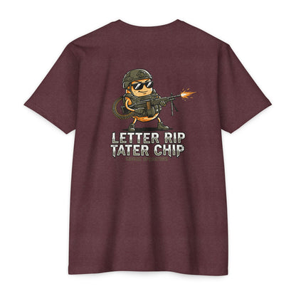 Letter Rip Tater Chip Graphic Tee - Tactical Potato Humor Shirt - Back Print - Savage Operators Tactical Tee | T-Shirt | Savage Operators Clothing | Patriotic Apparel | Military Humor | High Quality Heather Maroon