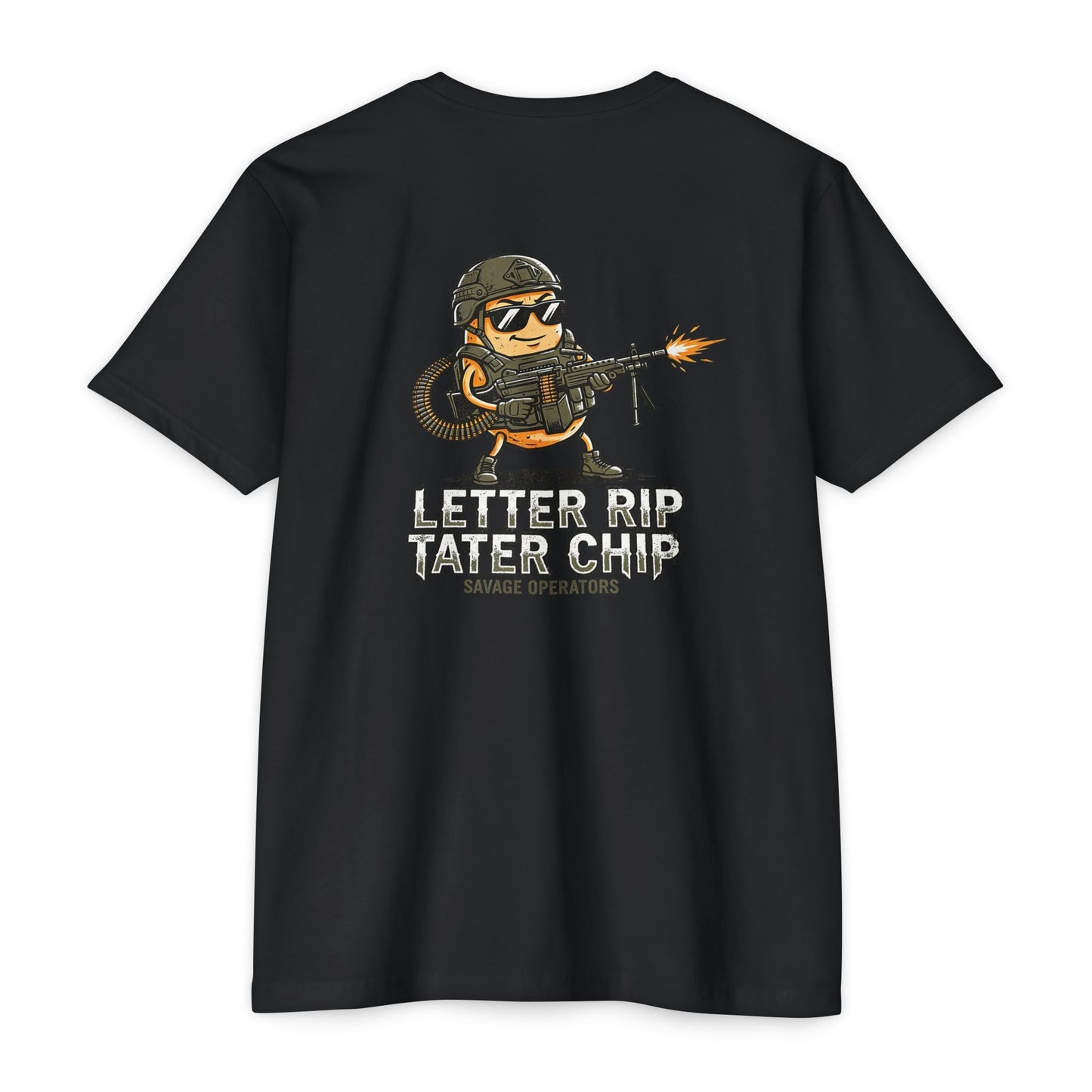 Letter Rip Tater Chip Graphic Tee - Tactical Potato Humor Shirt - Back Print - Savage Operators Tactical Tee | T-Shirt | Savage Operators Clothing | Patriotic Apparel | Military Humor | High Quality CVC Black